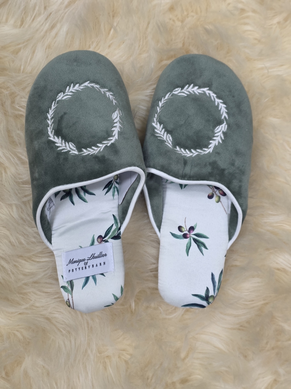 Pottery Barn Monique Lhuillier Green Velvet Slip-On Slippers